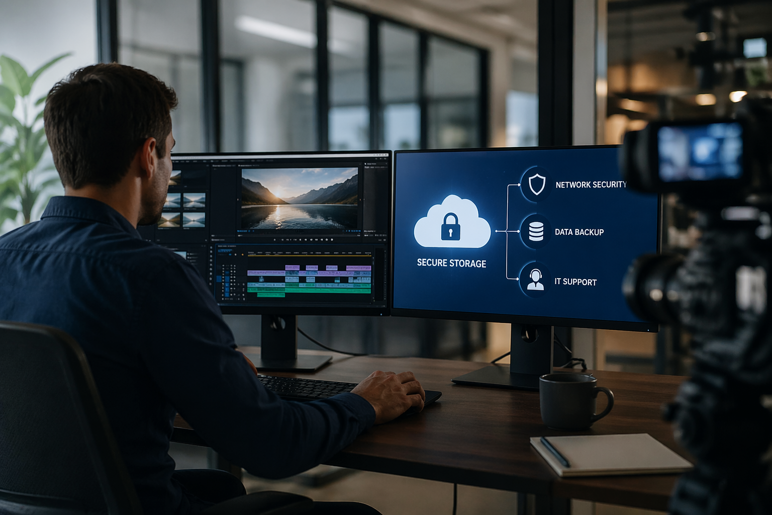 Video production workflow with IT infrastructure, secure storage, and network security systems in a modern office environment in Orange County